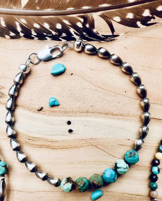 7.5” Sterling Teardrop Pearl and Turquoise Ombré Bracelet