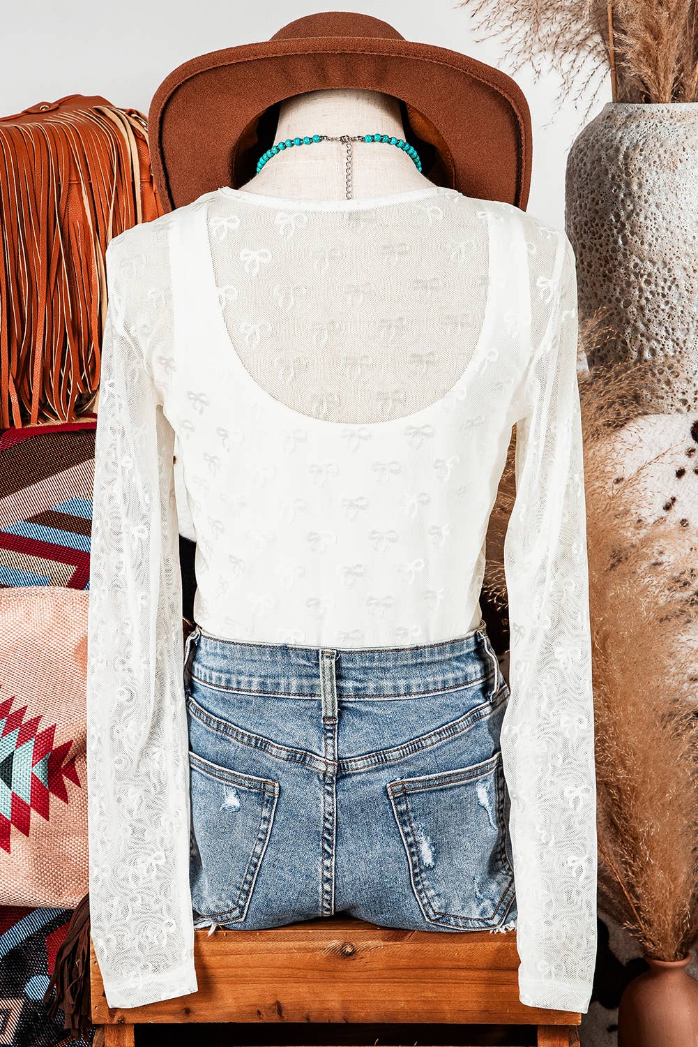 Fashion-W Mesh Bow Pattern Long Sleeve Top