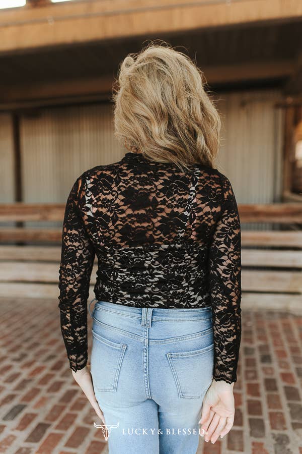 Black Floral Lace Mock Neck Long Sleeve Top