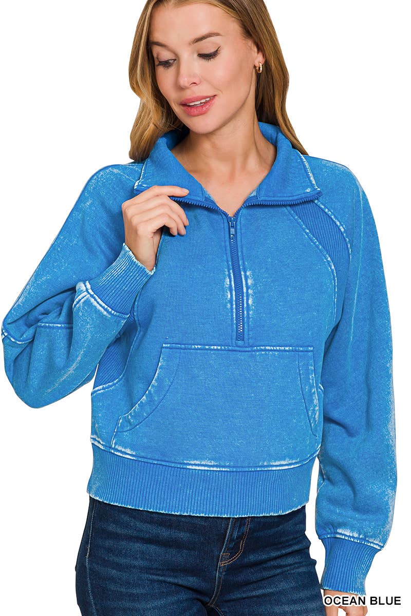 Acid Washed Half Zip Fleece Pullover Kangaroo Pocket