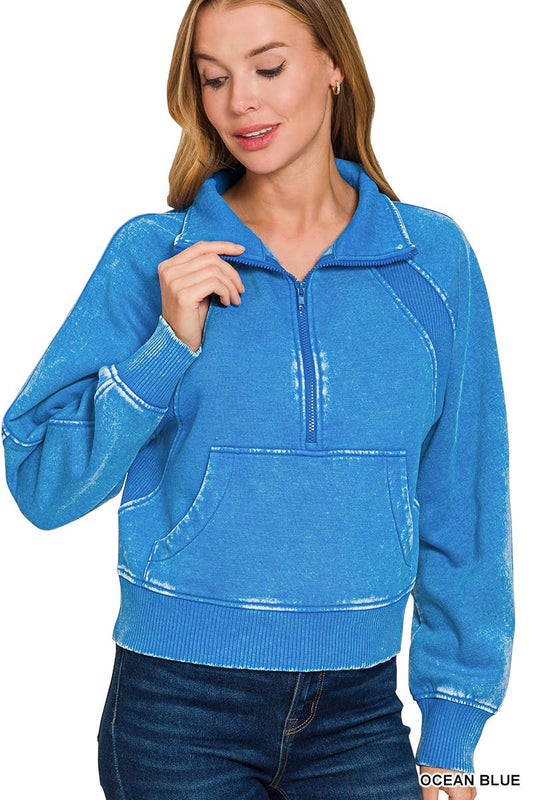 Acid Washed Half Zip Fleece Pullover Kangaroo Pocket