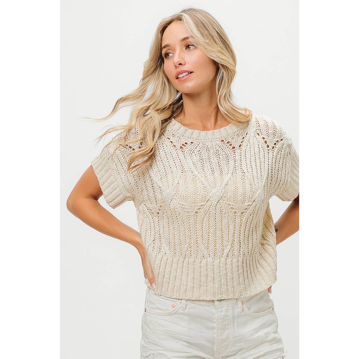 CABLE TEXTURE OPEN KNIT SWEATER TOP