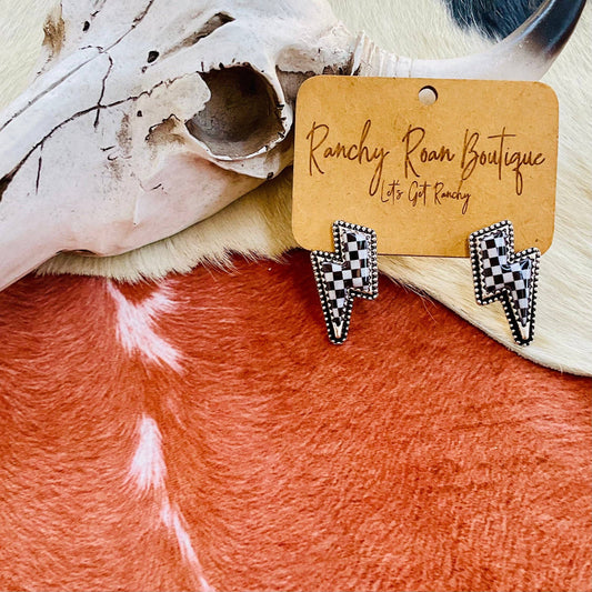 Checker Pattern Thunder Stud Western Earrings