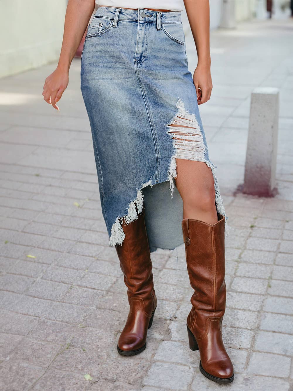 Irregular Distressed Bottom Denim Midi Skirt