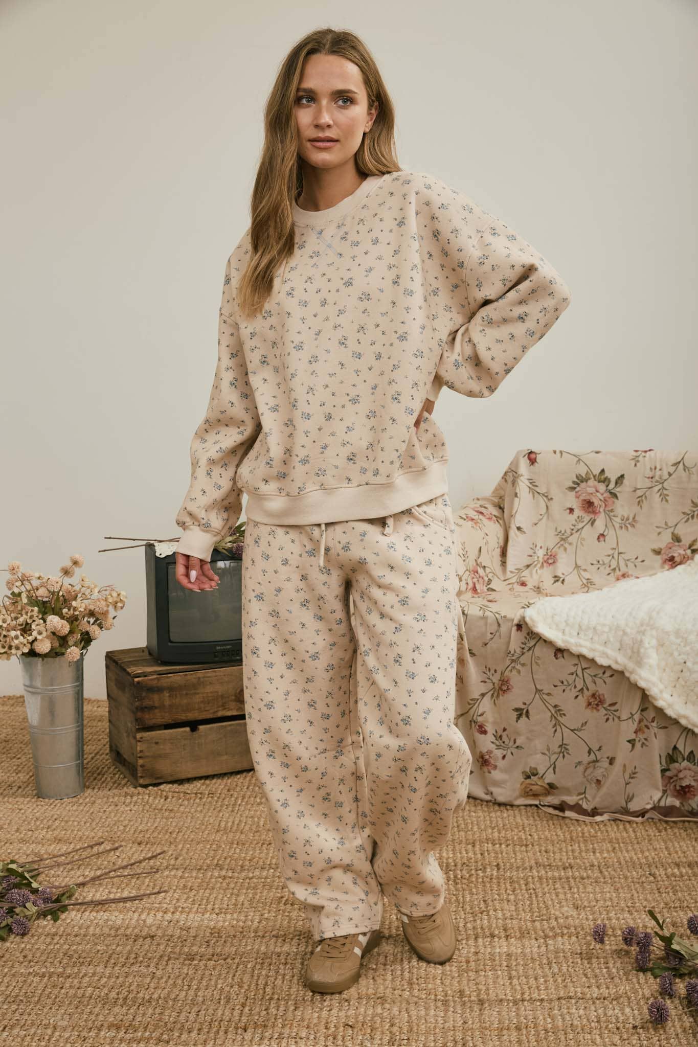 DITSY FLORAL DRAWSTRING WIDE LEG PANTS