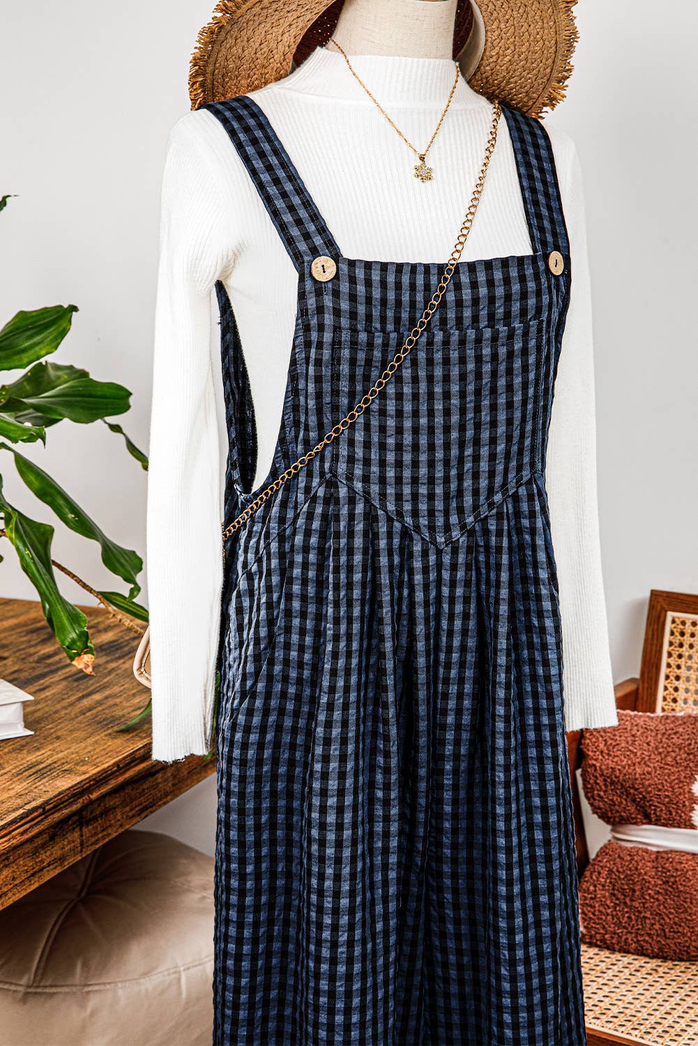 Plaid Print Buttoned Pocketed High Waist Overall