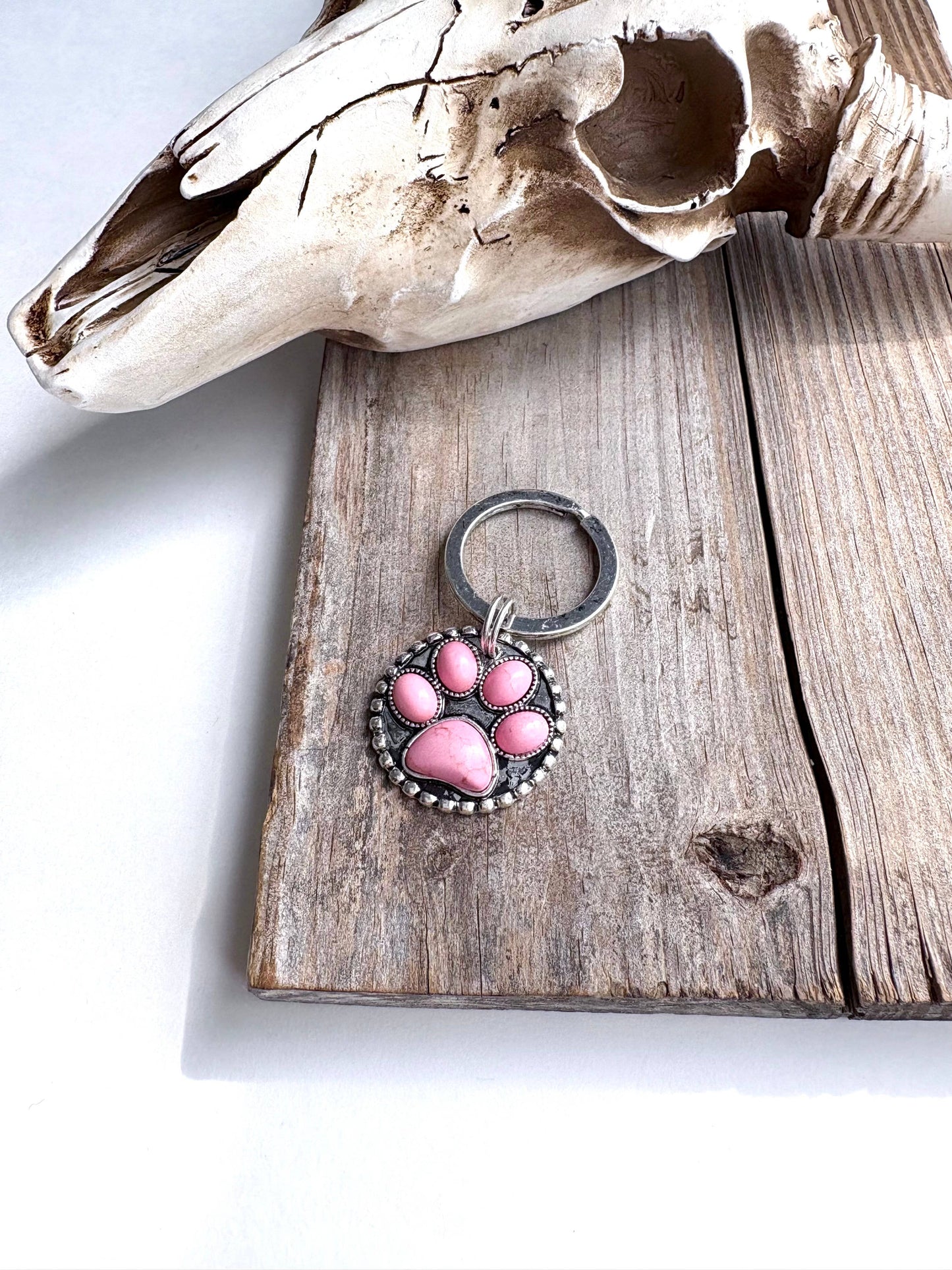 Dog Paw Stone Round Metal Pendant Keychain