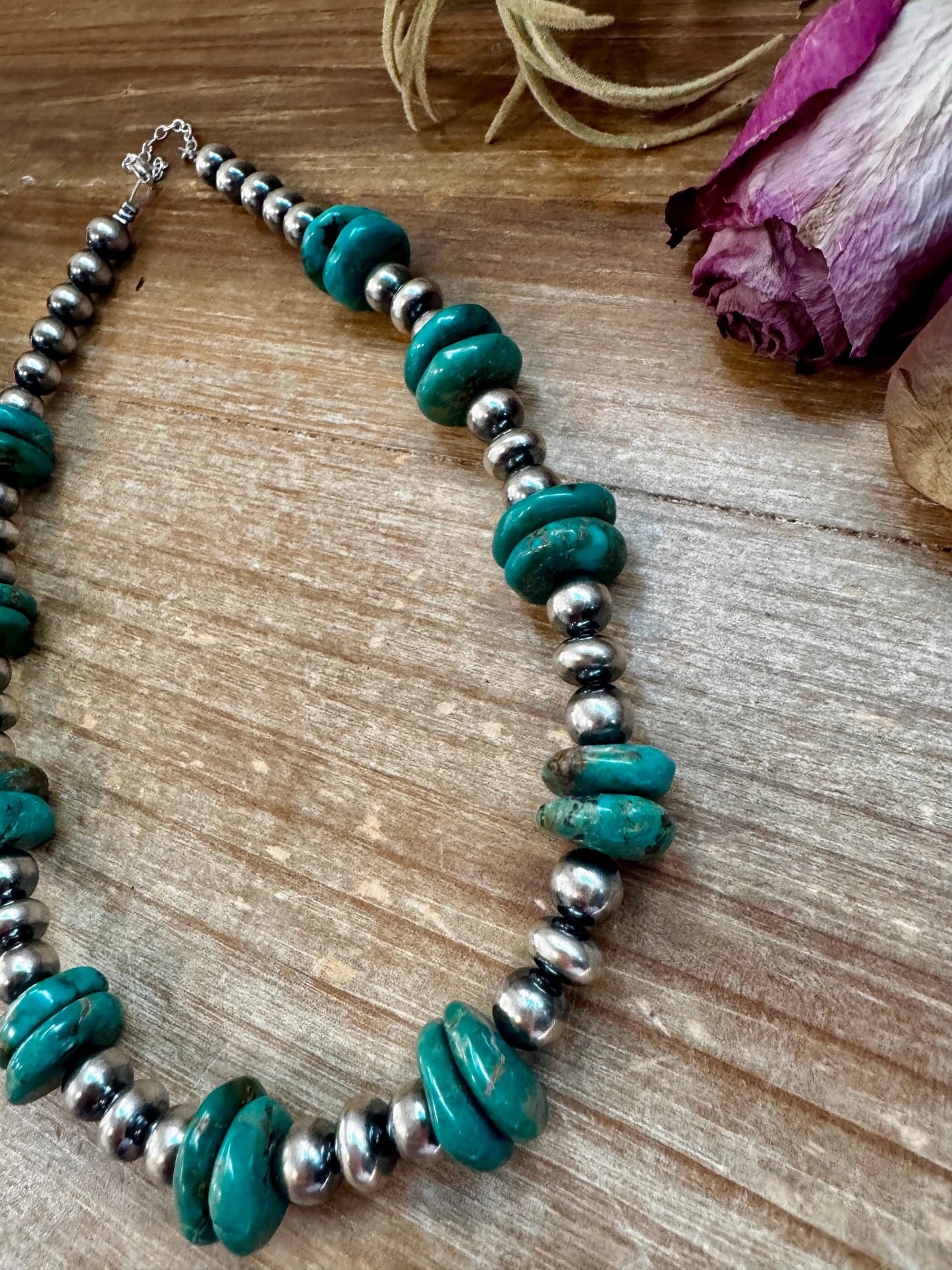 NFR Collection Necklace – 8mm & 10mm Sterling Silver Pearls with 16mm Green Turquoise Rondelle – Handmade by The Bijoux FAB – 16.5"