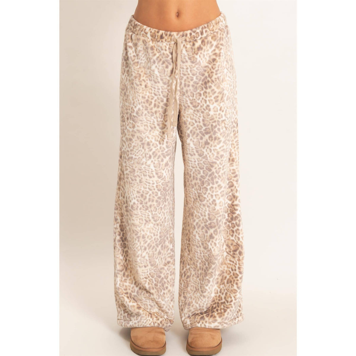 Leopard Print Fleece Wide-Leg Pants
