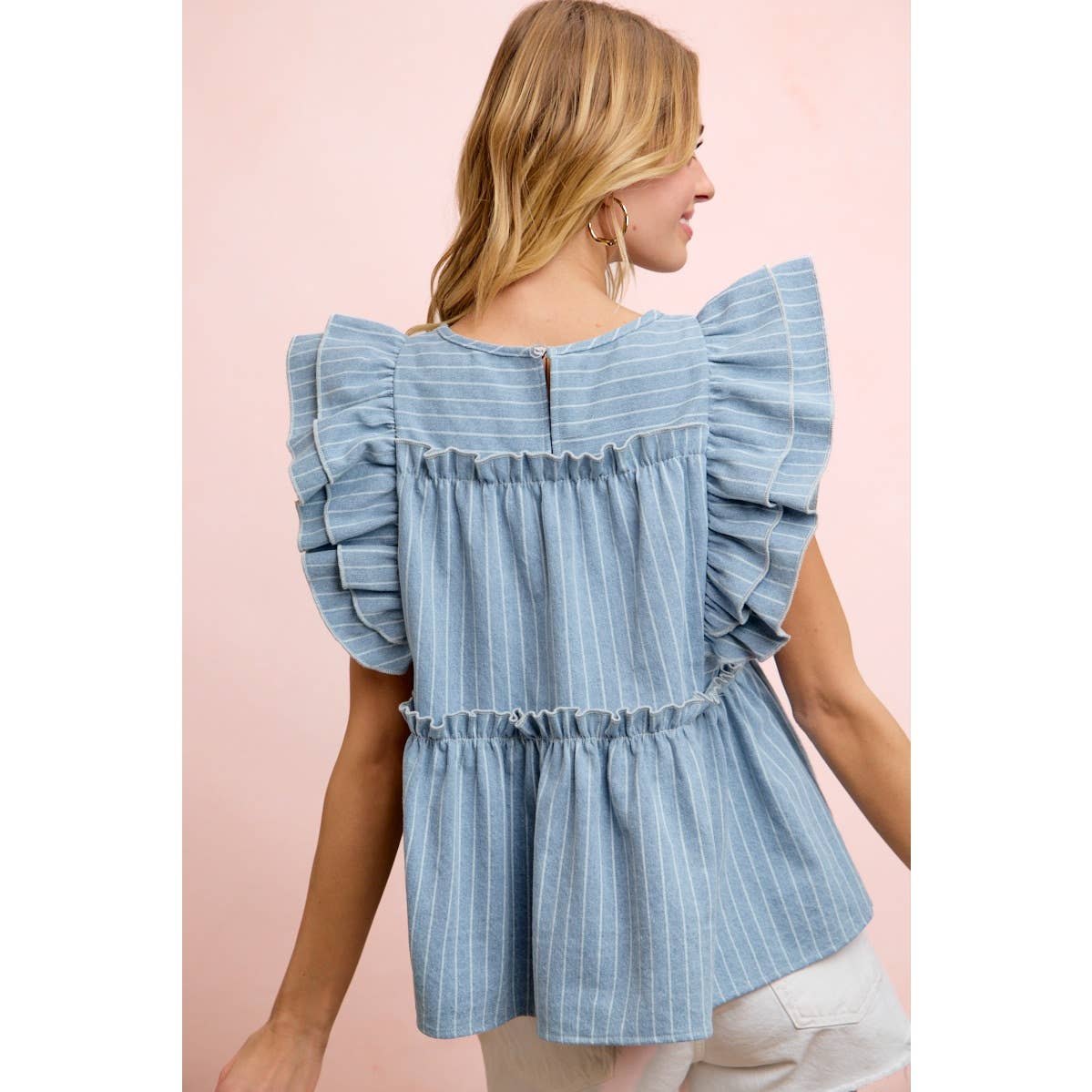 STRIPE DENIM RUFFLE SLEEVES TOP WITH BACK KEY HOLE