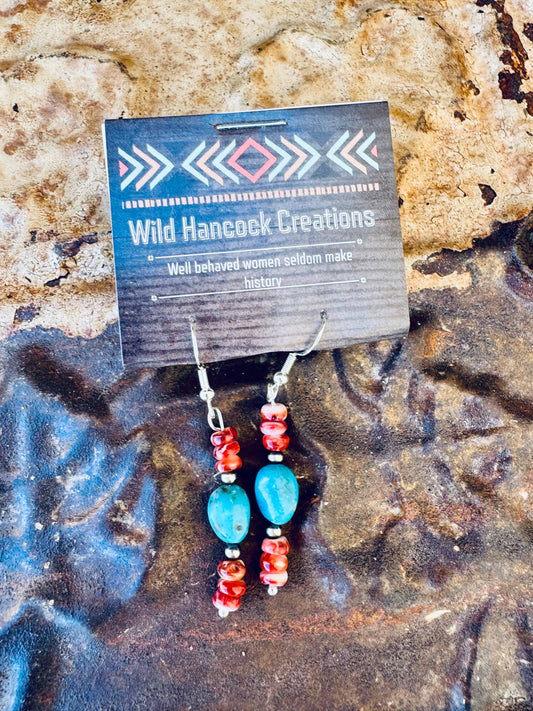 Genuine Turquoise Earrings With Spiny Oyster & Navajo Pearl