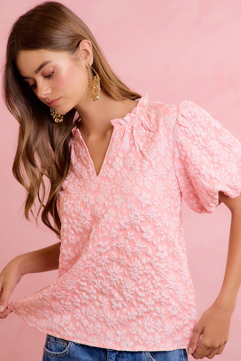 FLORAL PATTERN TEXTURE SLEEVES RUFFLED V-NECK TOP