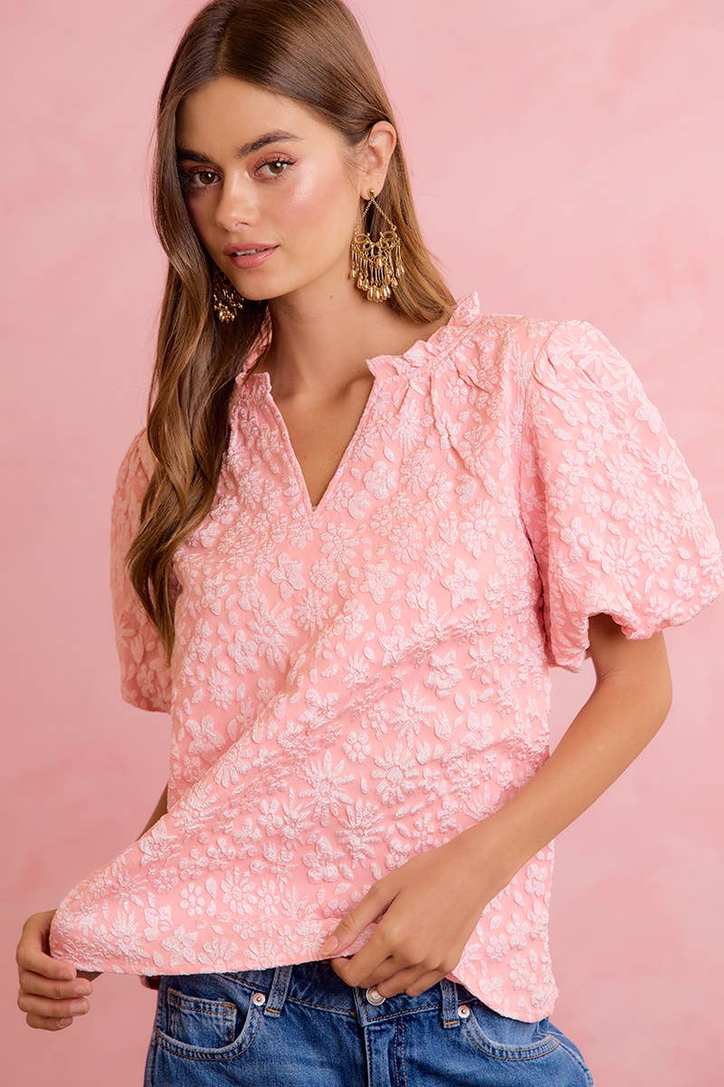 FLORAL PATTERN TEXTURE SLEEVES RUFFLED V-NECK TOP