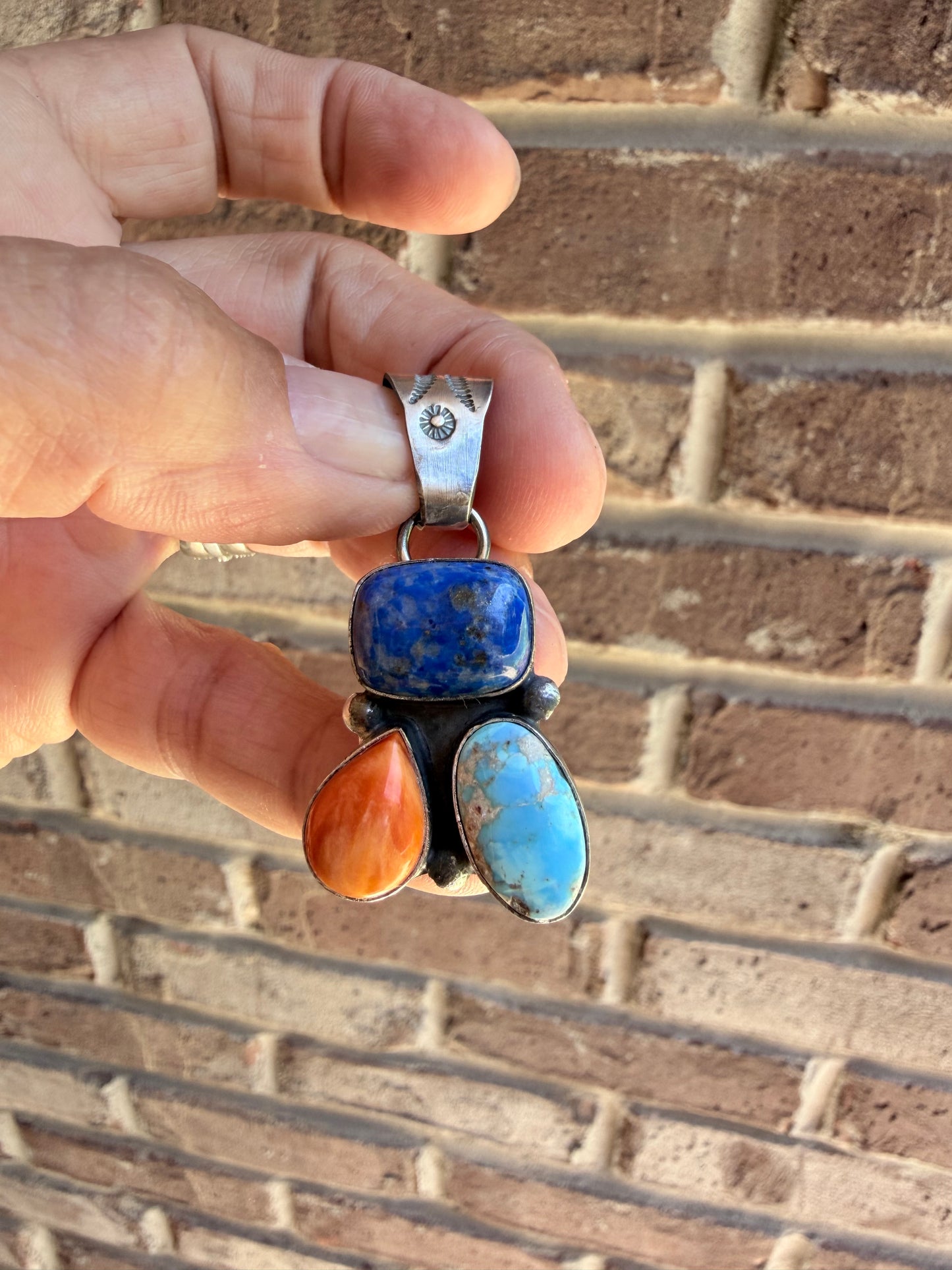 Native Made Lapis, Orange Spiny and Royston Turquoise Pendant