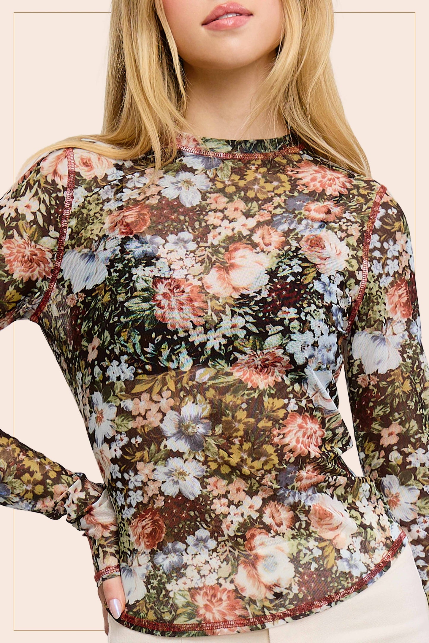 JCT7700-Semi Sheer Crew Mock Neck Long Sleeve Mesh Top