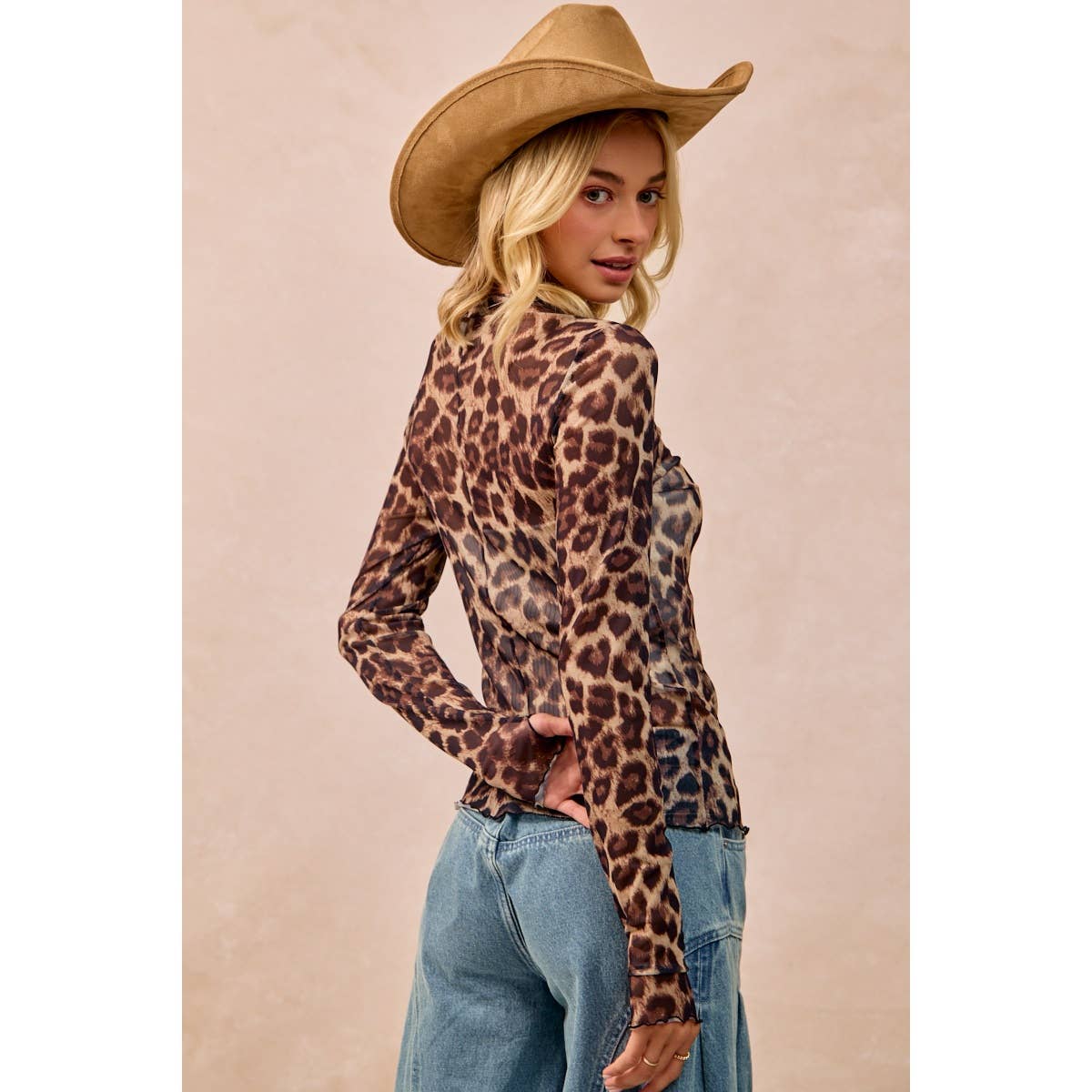 MESH LEOPARD PRINTED TOP WITH LONG SLEEVES