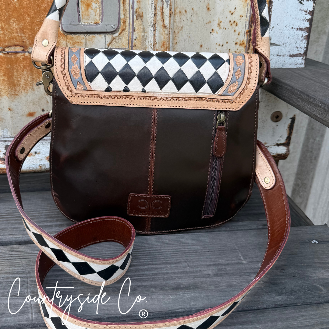 Zadie Tooled Leather Checkered Handbag, Hand Painted