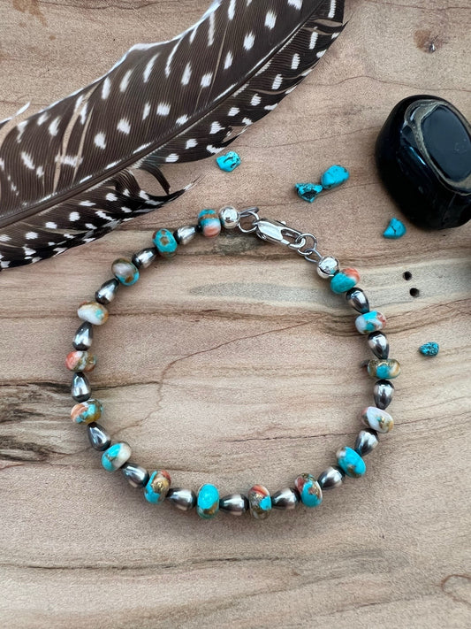 7.5” Spiny Oyster Turquoise Mohave Copper and Sterling Teardrop Pearl Bracelet