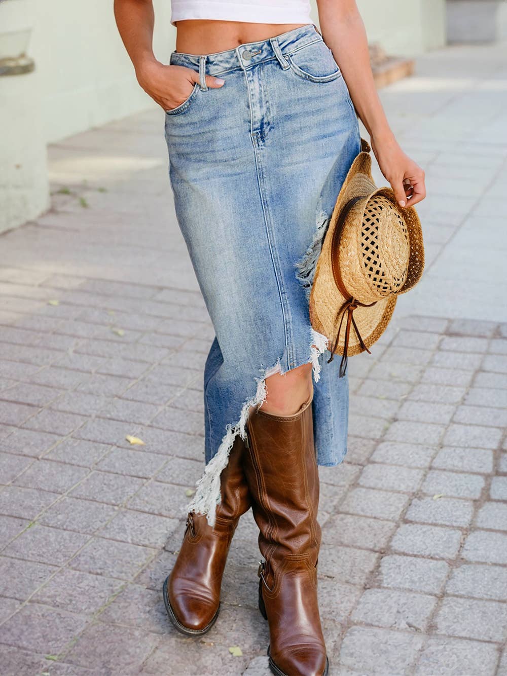 Irregular Distressed Bottom Denim Midi Skirt