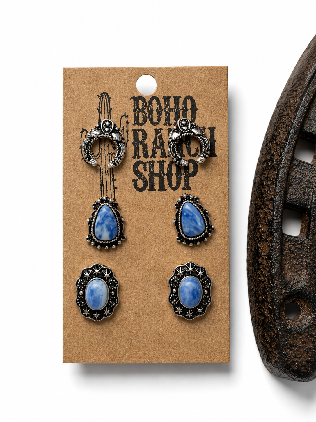 3 Set of Western Style Turquoise Stone Concho Stud Earrings
