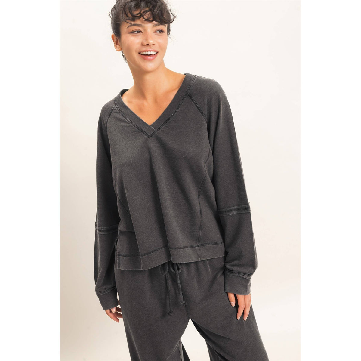 Mineral Wash V-Neck Seam Detail Sweatshirt