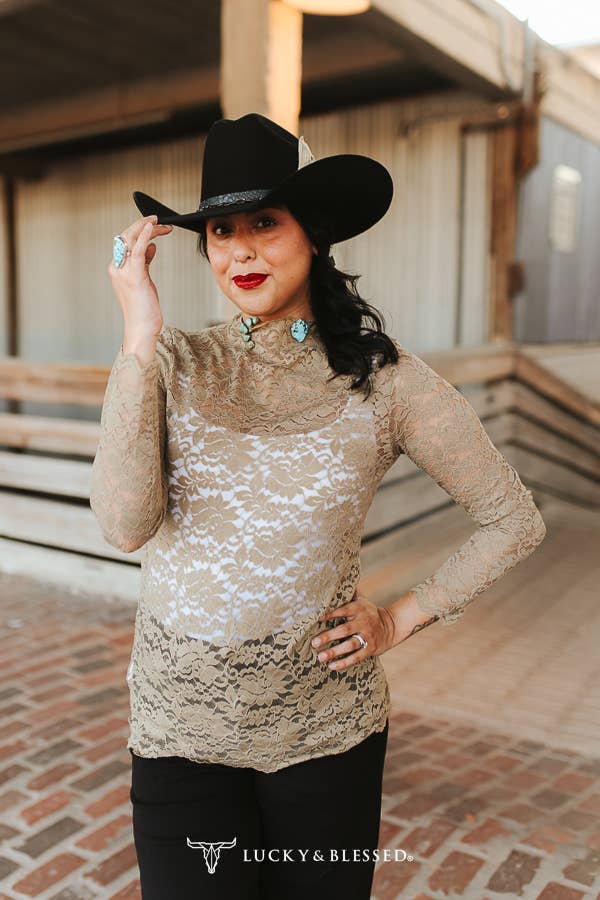 Taupe Floral Lace Mock Neck Long Sleeve Top