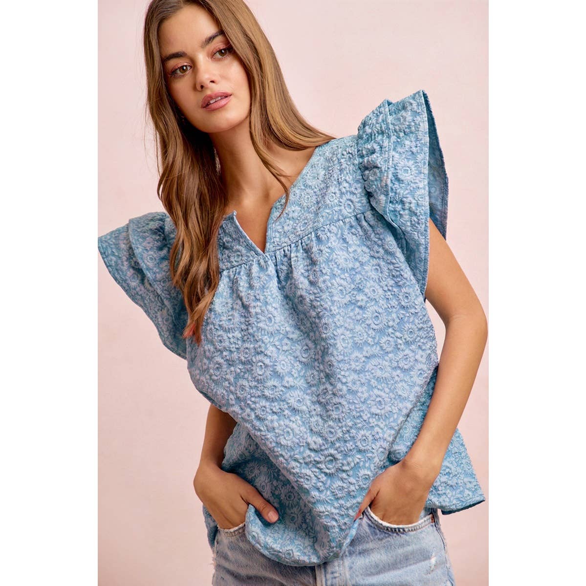 FLOWER JACQUARD RUFFLED NECK DROP BLOUSE TOP