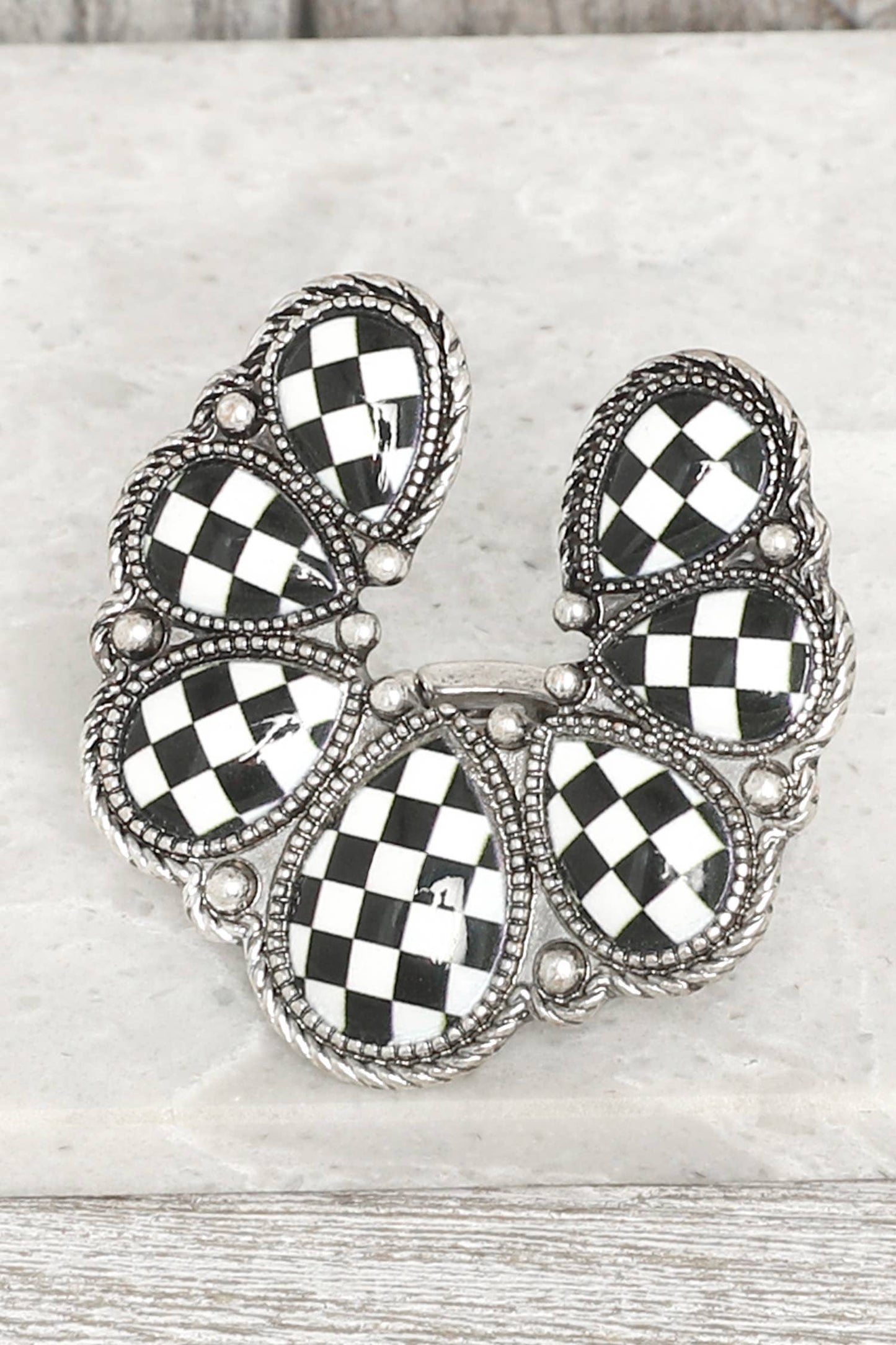 Western Checker Board Squash Blossom Ring