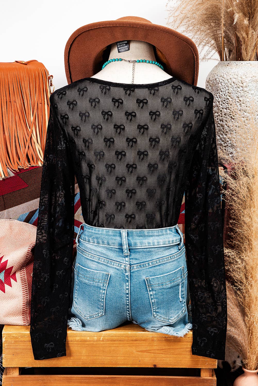 Fashion-W Mesh Bow Pattern Long Sleeve Top