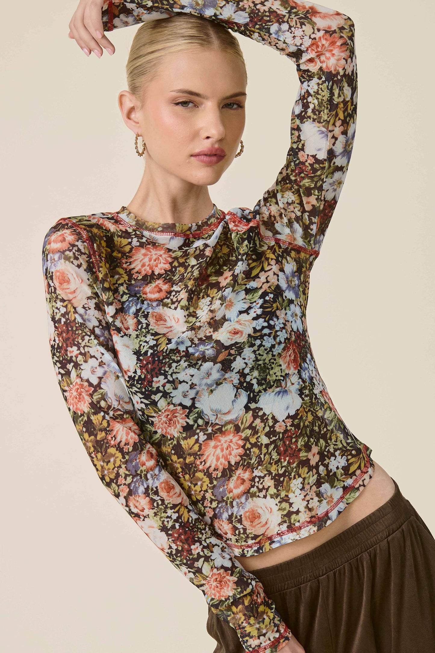 JCT7700-Semi Sheer Crew Mock Neck Long Sleeve Mesh Top