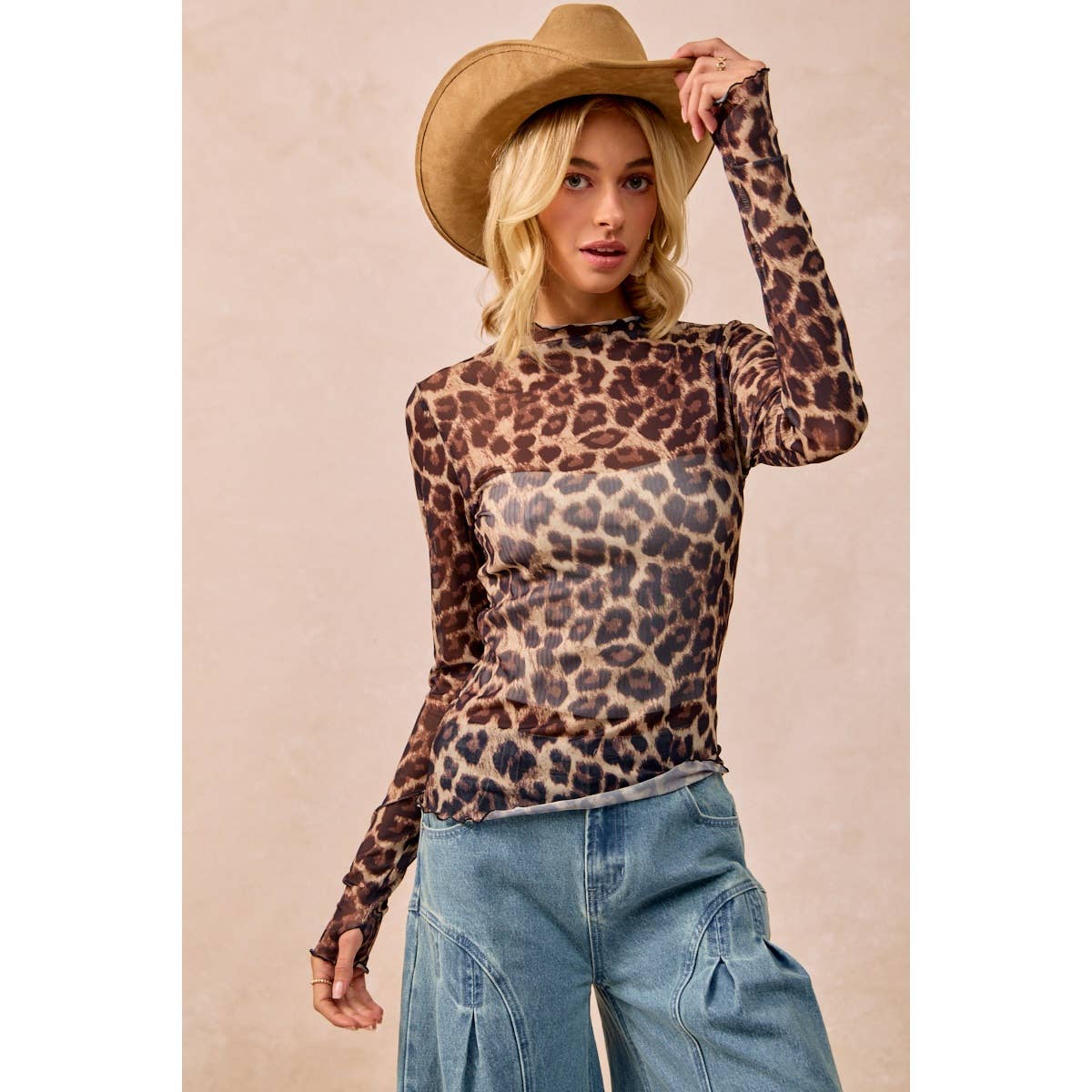 MESH LEOPARD PRINTED TOP WITH LONG SLEEVES