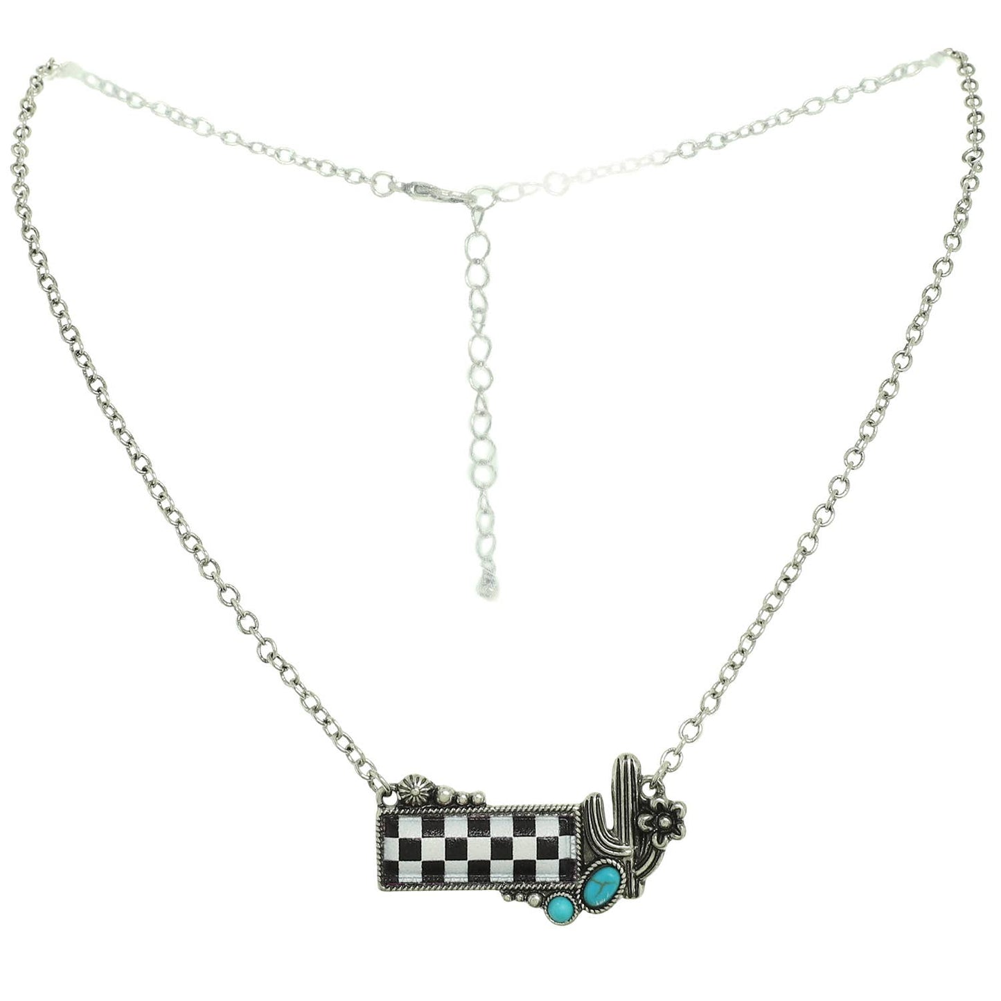 Western Checkerboard Cactus Pendant Necklace