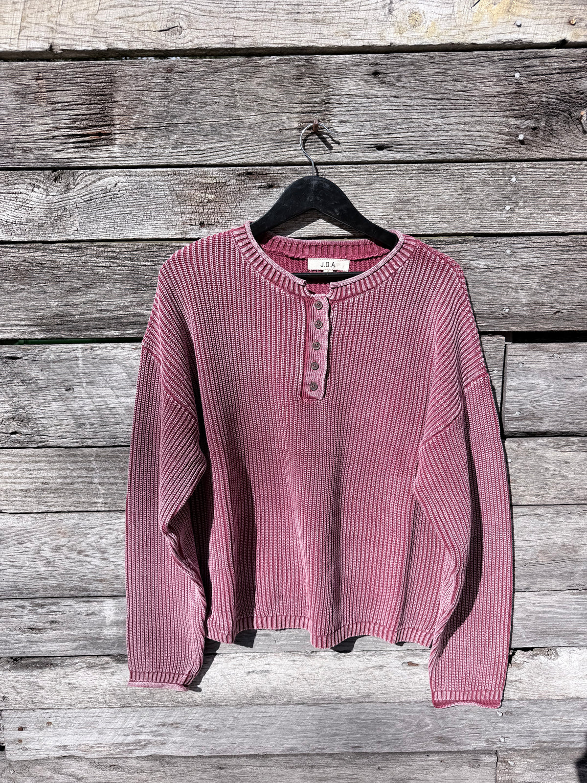 WASHED RIBBED HENLEY DROP SHOULDER KNIT SWEATER