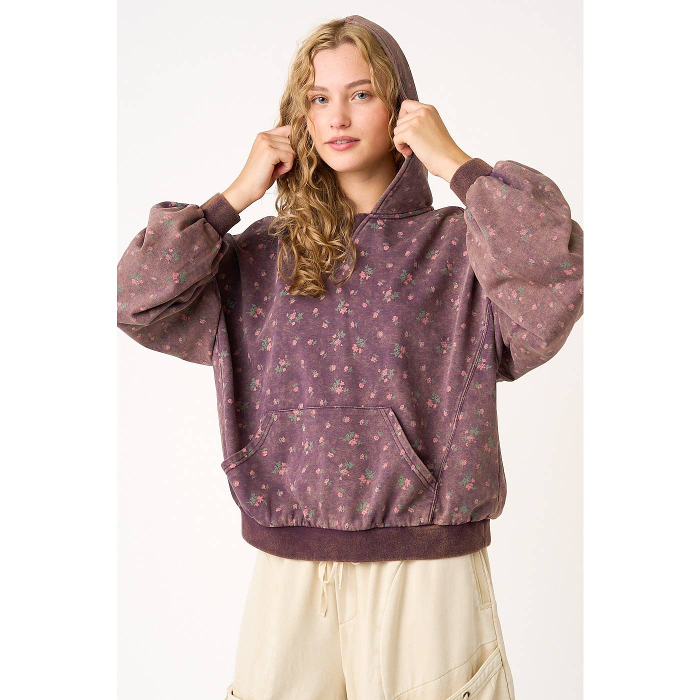 FLORAL PRINT RELAXED FIT HOODIE PULLOVER
