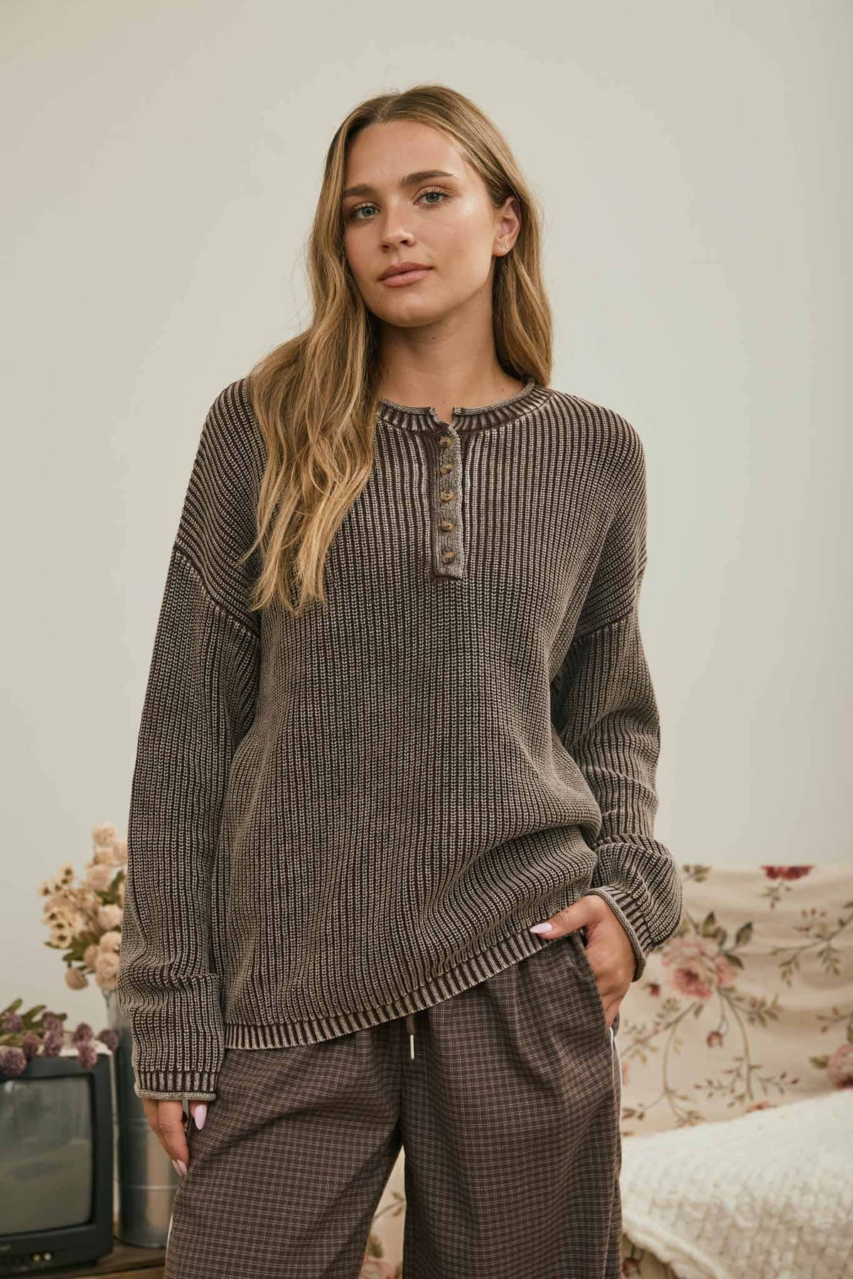 WASHED RIBBED HENLEY DROP SHOULDER KNIT SWEATER