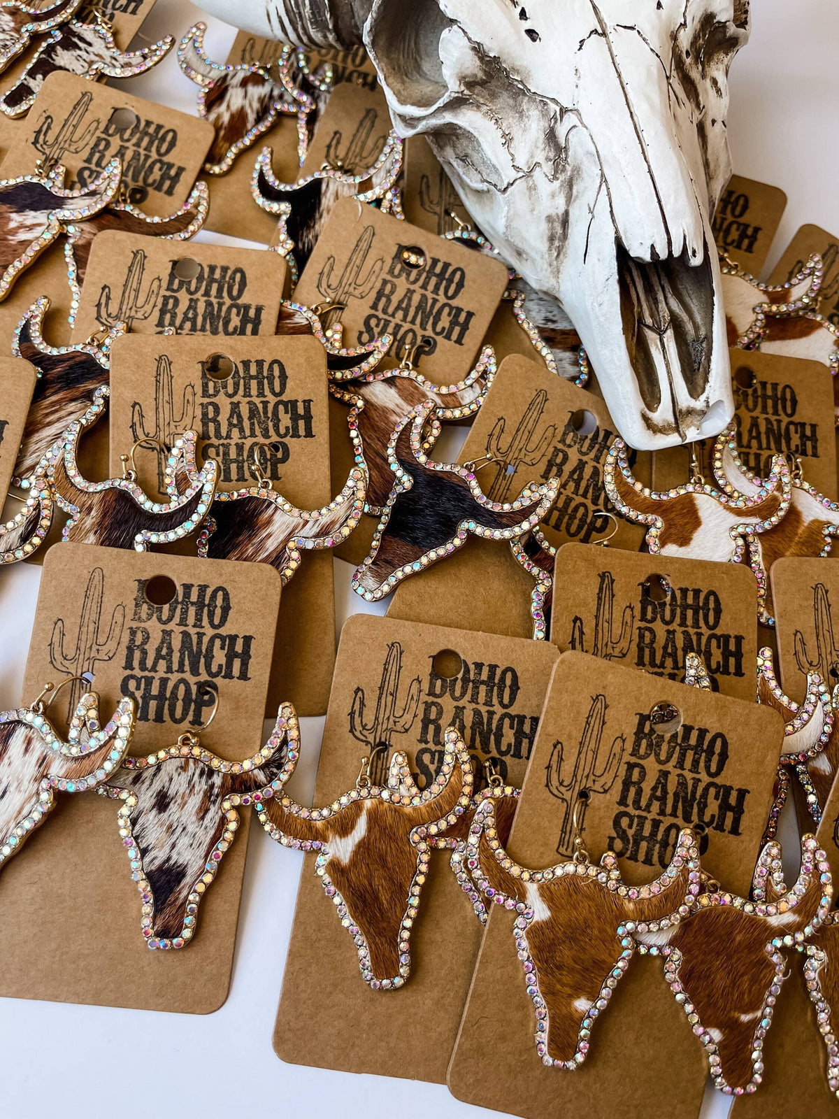 Western Cowhide Bling Steer Longhorn Earrings