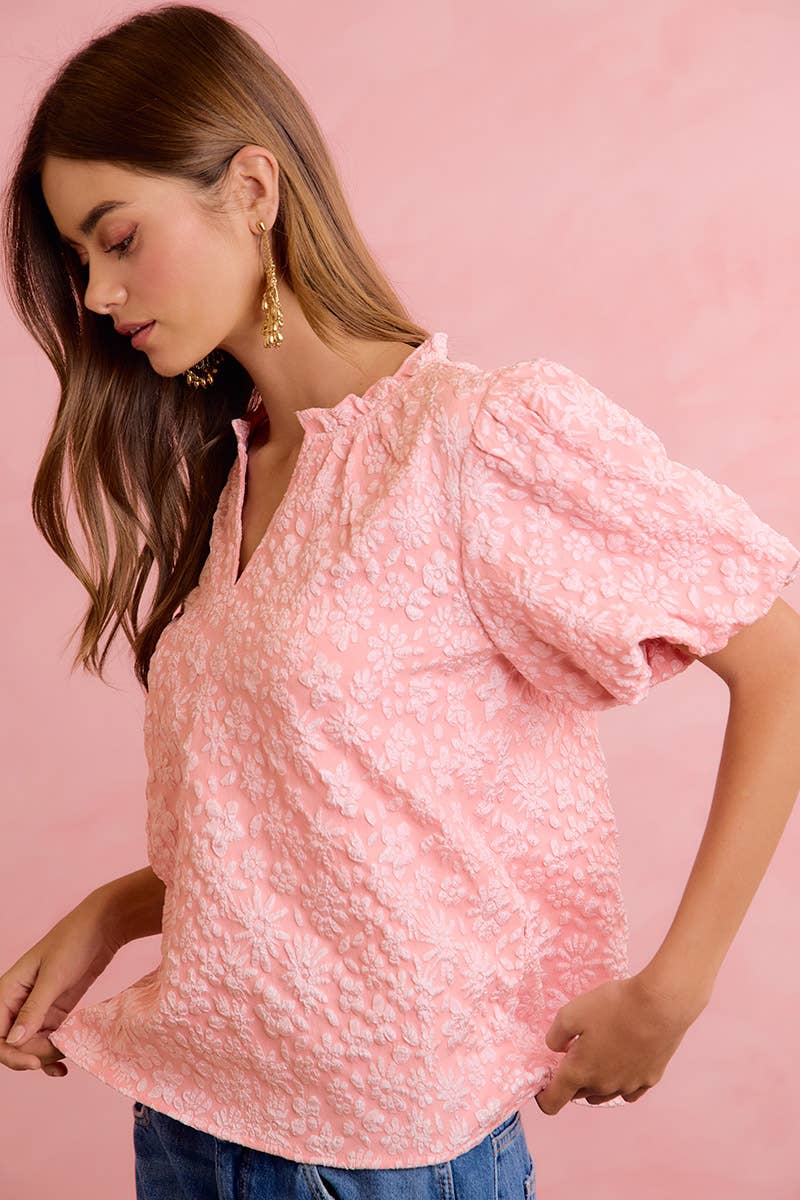 FLORAL PATTERN TEXTURE SLEEVES RUFFLED V-NECK TOP