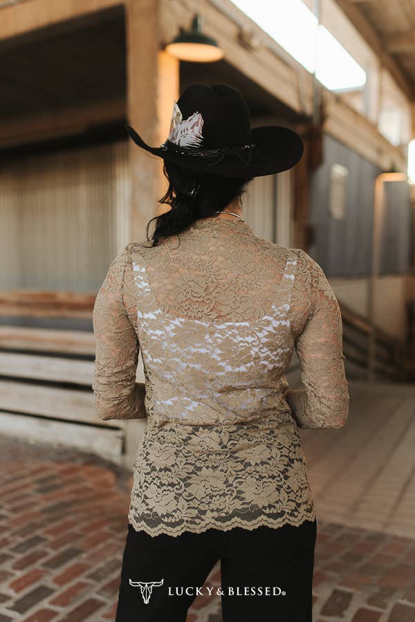 Taupe Floral Lace Mock Neck Long Sleeve Top