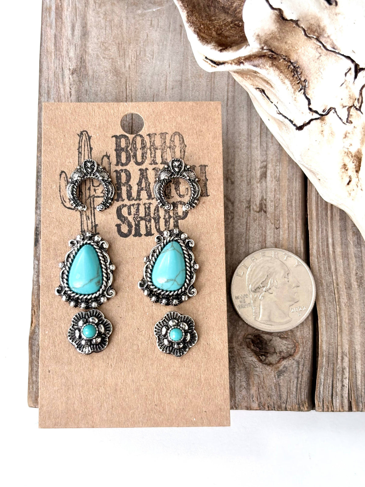 3 Set of Western Style Turquoise Stone Concho Stud Earrings