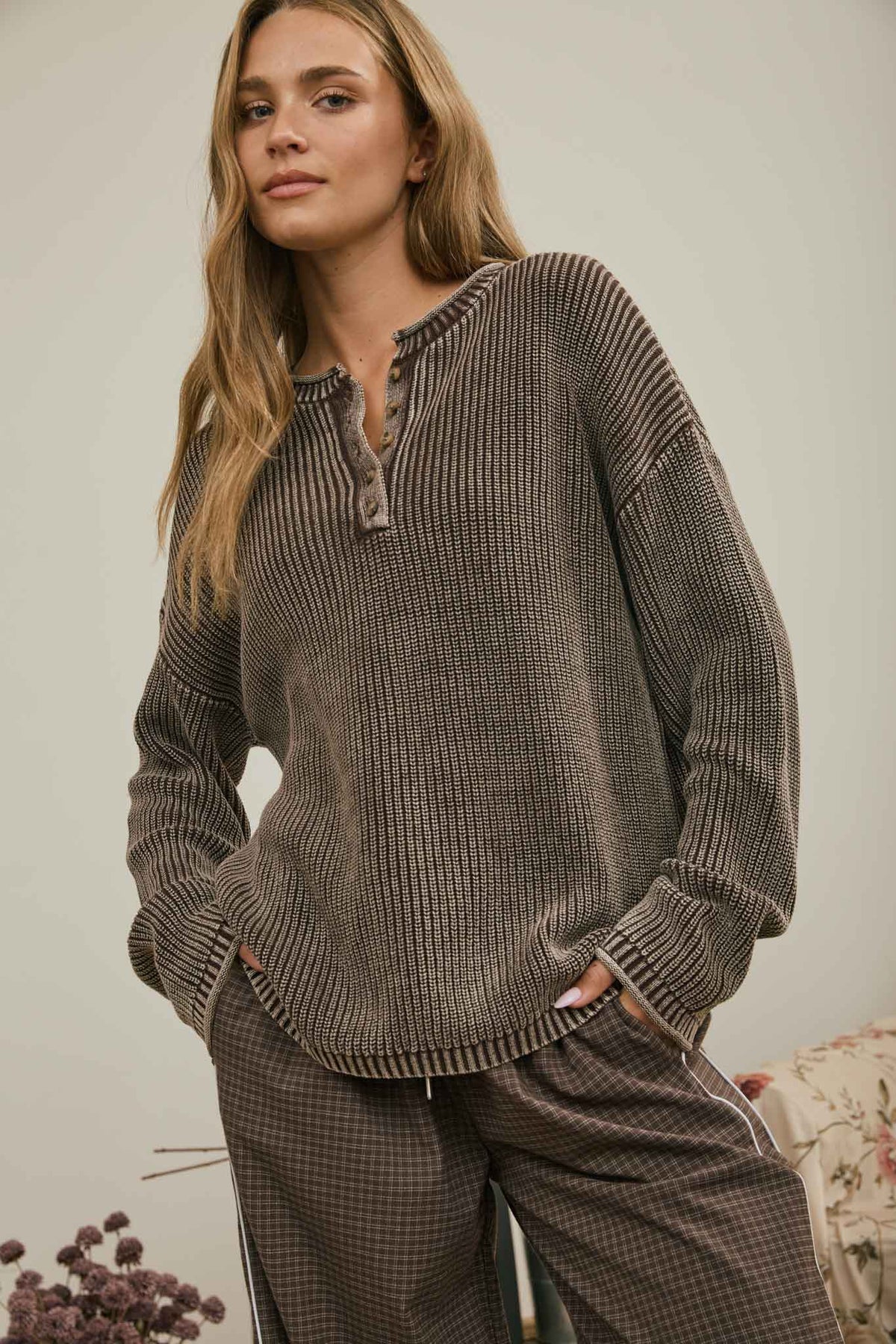 WASHED RIBBED HENLEY DROP SHOULDER KNIT SWEATER