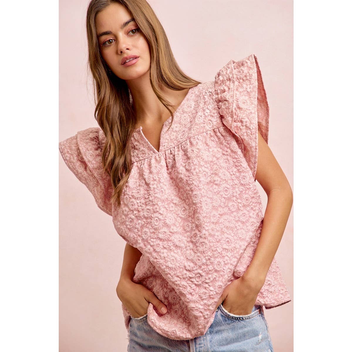 FLOWER JACQUARD RUFFLED NECK DROP BLOUSE TOP