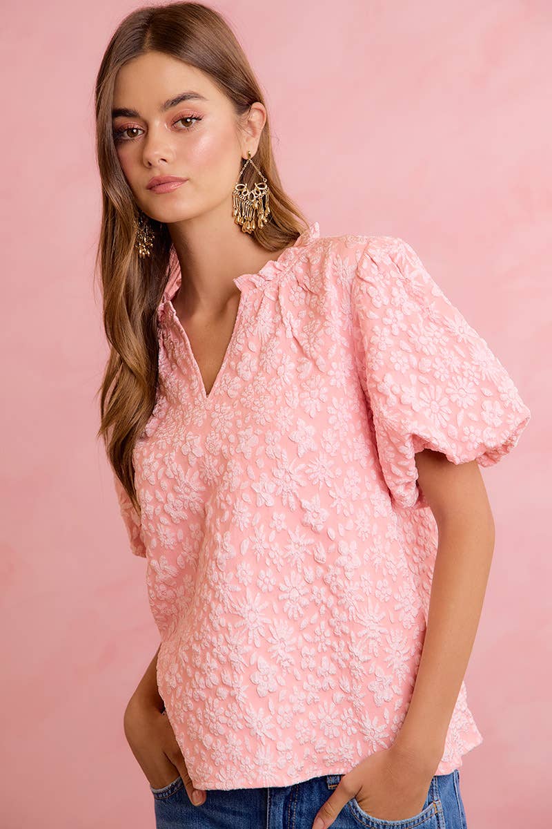 FLORAL PATTERN TEXTURE SLEEVES RUFFLED V-NECK TOP
