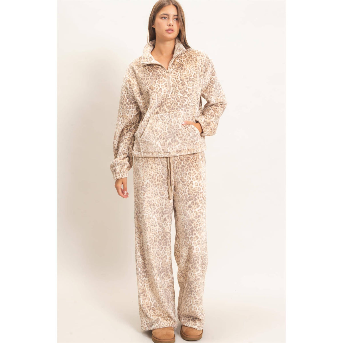 Leopard Print Fleece Wide-Leg Pants