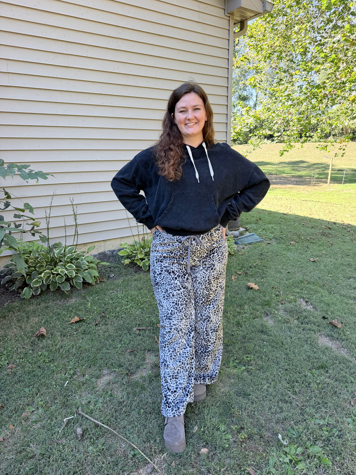 Leopard Print Fleece Wide-Leg Pants