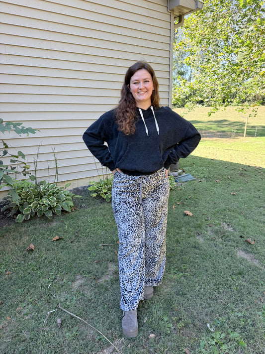 Leopard Print Fleece Wide-Leg Pants