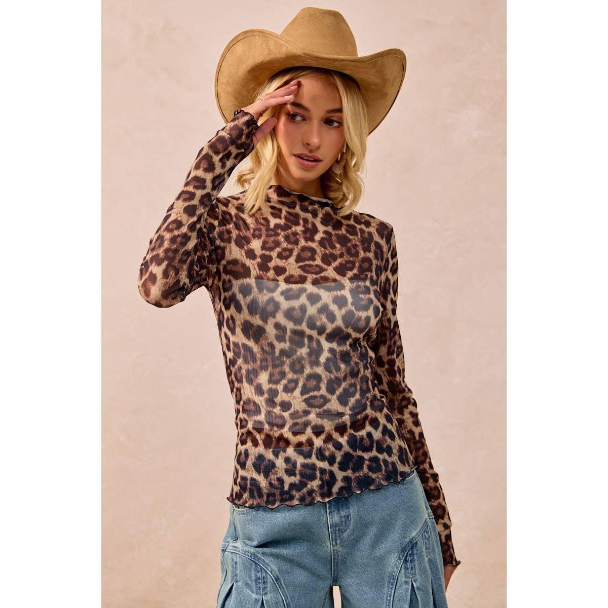 MESH LEOPARD PRINTED TOP WITH LONG SLEEVES