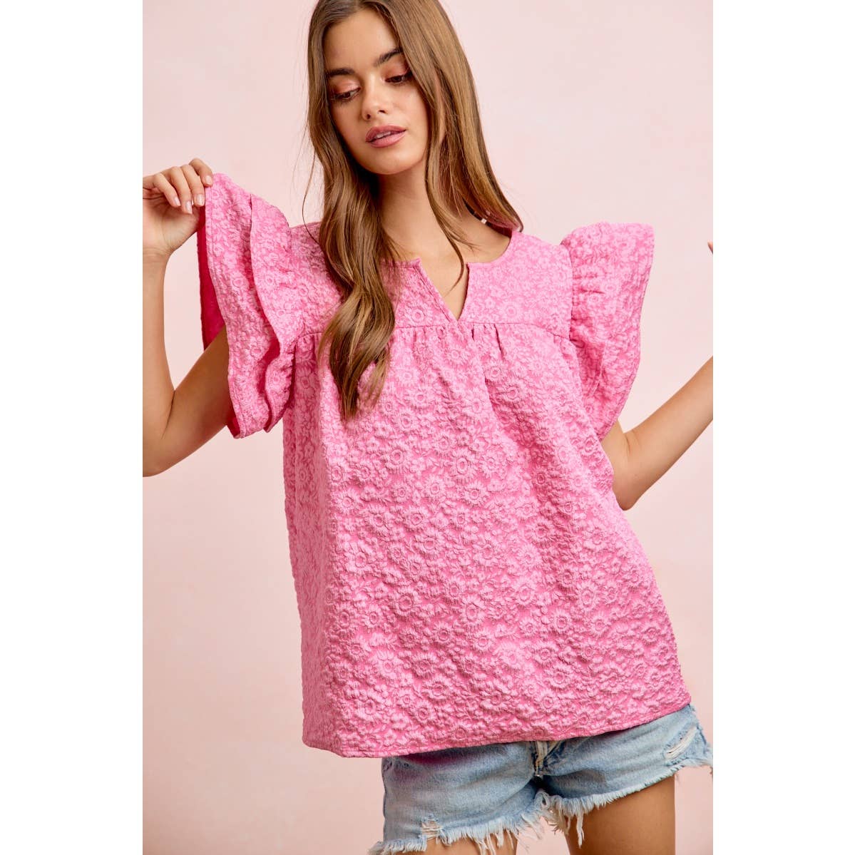 FLOWER JACQUARD RUFFLED NECK DROP BLOUSE TOP