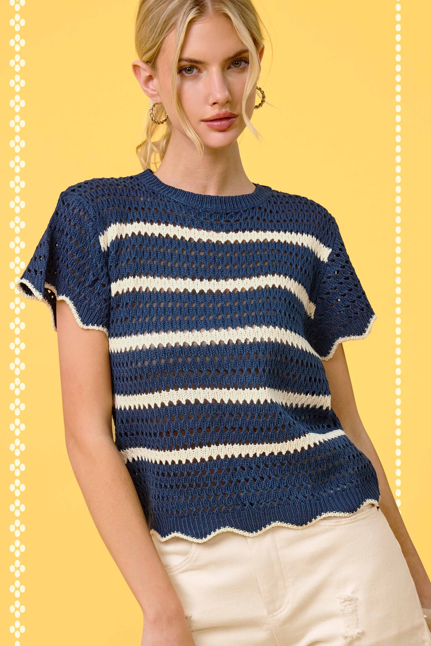 MDS3603-Round Neck Scalloped Edge Short Sleeve Sweater Easte