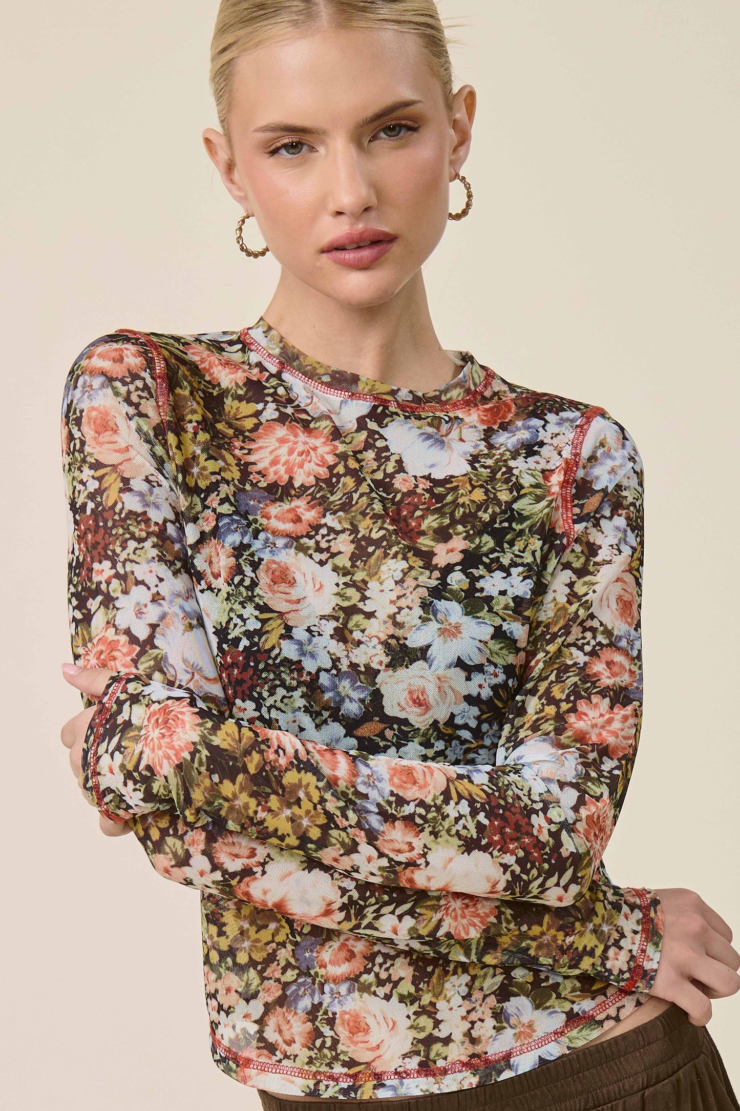 JCT7700-Semi Sheer Crew Mock Neck Long Sleeve Mesh Top