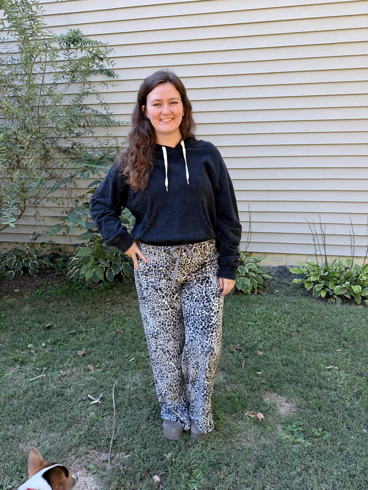 Leopard Print Fleece Wide-Leg Pants